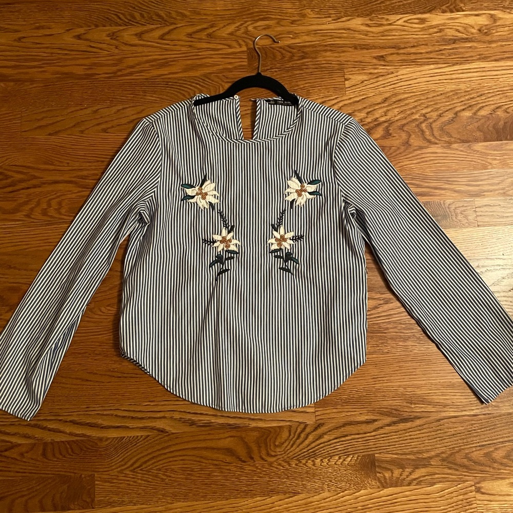 Pinstripe Zara Top with embroidered flowers